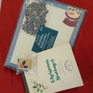 3 pc. Christmas Holiday stationary set paper envelopes stickers rubber stamp